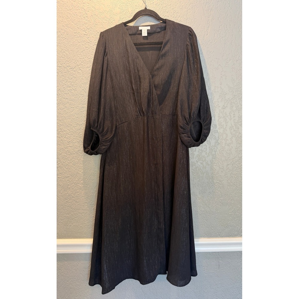 HM Black Metallic Shimmer Pleated Wrap Midi Dress Puff Sleeve V-Neck Small